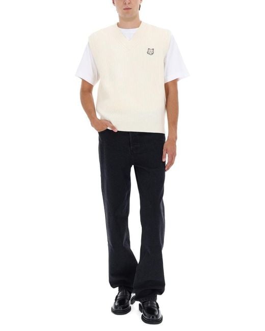 Maison Kitsuné White Ribbed Vest With Fox Patch for men