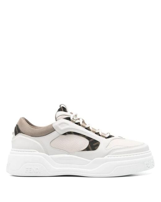 Fendi White Force Leather Sneakers With Ff Jacquard And Mesh Details Shoes for men