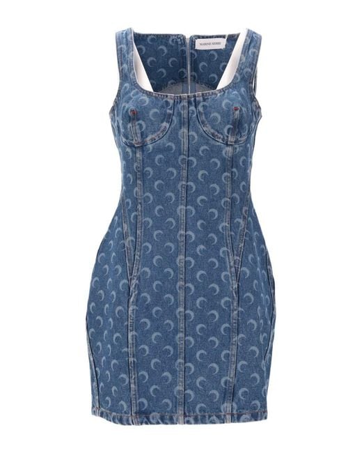 MARINE SERRE Blue Moon Laser Denim Bustier Dress