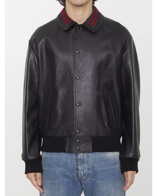 Gucci Black Leather Bomber Jacket for men