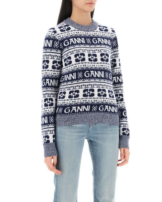 Ganni Blue Jacquard Wool Sweater With Logo Pattern