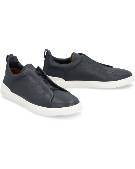 Zegna Blue Triple Stitch Leather Sneakers for men