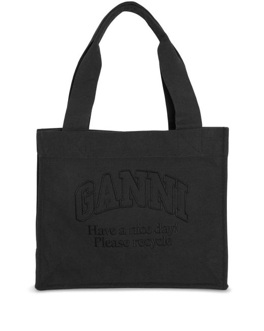 Ganni Black Logo-Embroidered Tote Bag