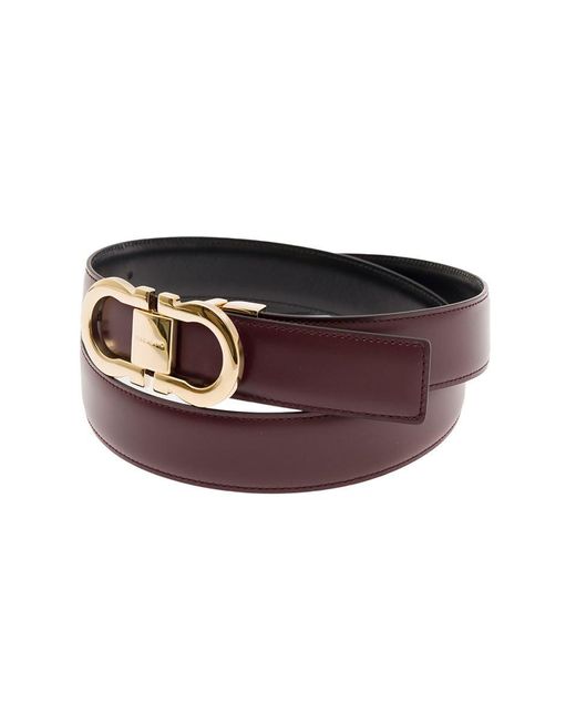 Ferragamo Red Bordeaux And Reversible Belt With Gancini Buckle