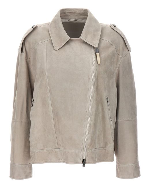 Brunello Cucinelli Gray Leather Jacket