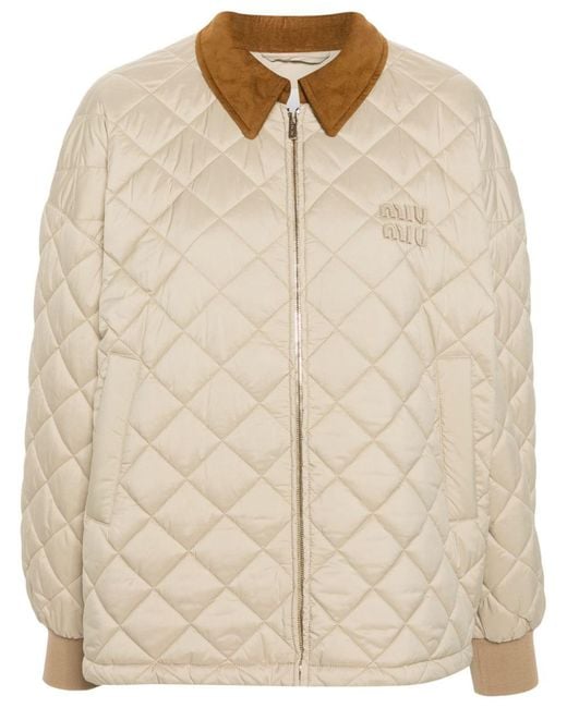 Miu Miu Logo-Patch Quilted Jacket in Natural | Lyst