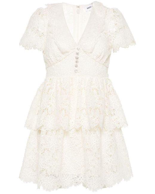 Self-Portrait White Short Flared Dress With Macramé Flowers
