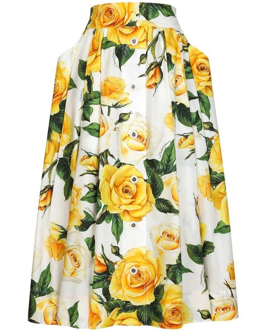 Dolce & Gabbana Yellow Pleated Floral-print Cotton-poplin Midi Skirt