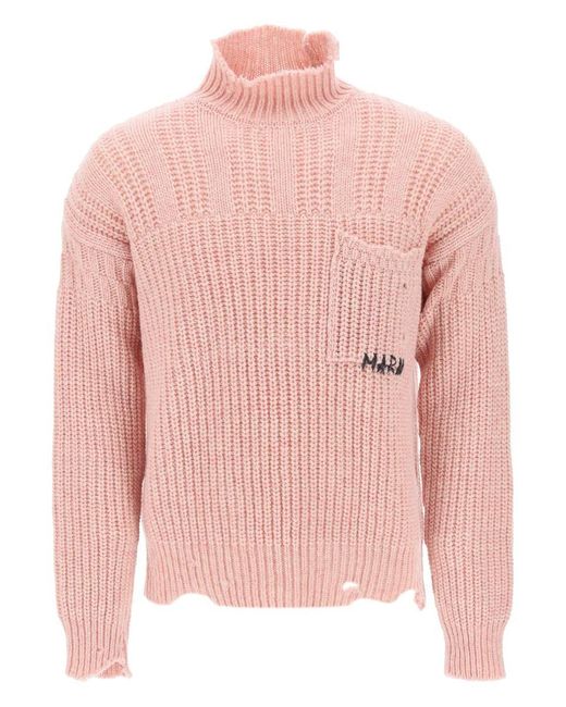 Marni Pink Funnel-neck Sweater In Destroyed-effect Wool for men