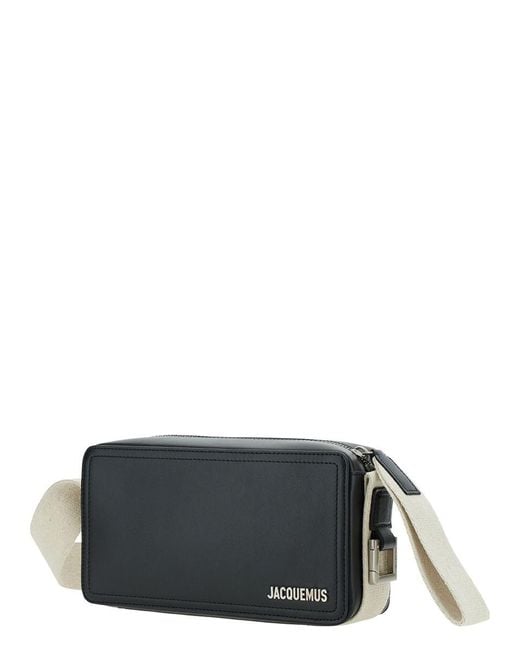 Jacquemus 'le Cuerda Horizontal' Black Shoulder Bag With Logo In Relief In Smooth Leather Man for men