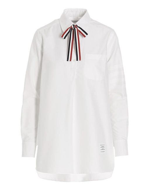 Thom Browne White Logo Pussy Bow Blouse