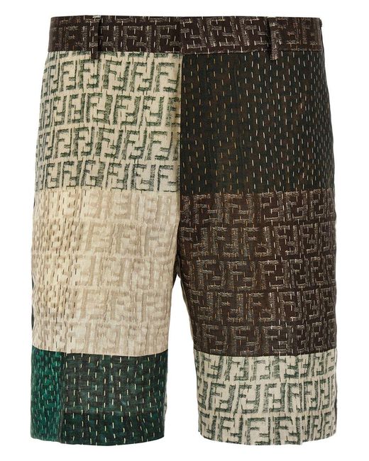 Fendi Green Patchwork Bermuda Shorts for men