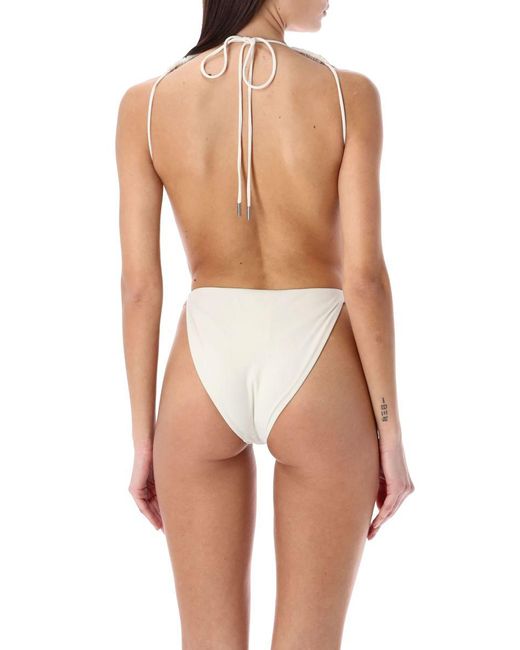 Saint Laurent White Backless V-Halter Swimsuit