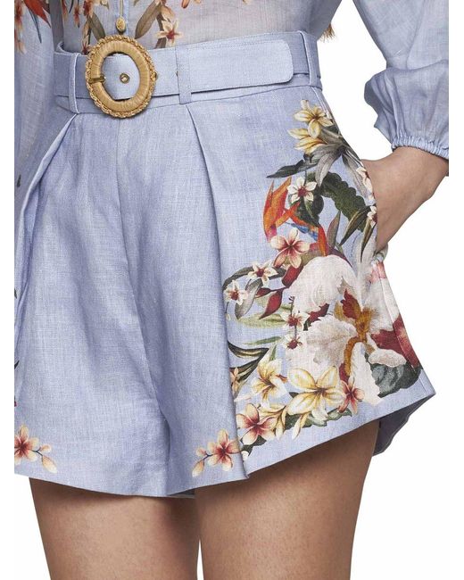 Zimmermann Blue Floral Print Linen Shorts