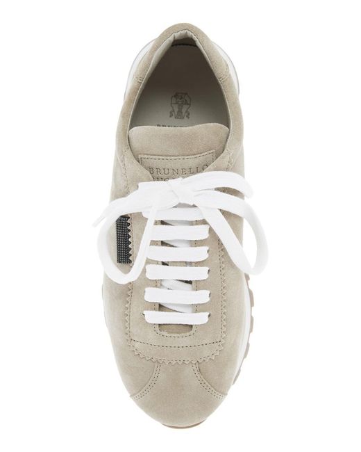 Brunello Cucinelli White Low Top Sneakers With Monil Detail On The Side And Embossed Logo Lettering On The Rear