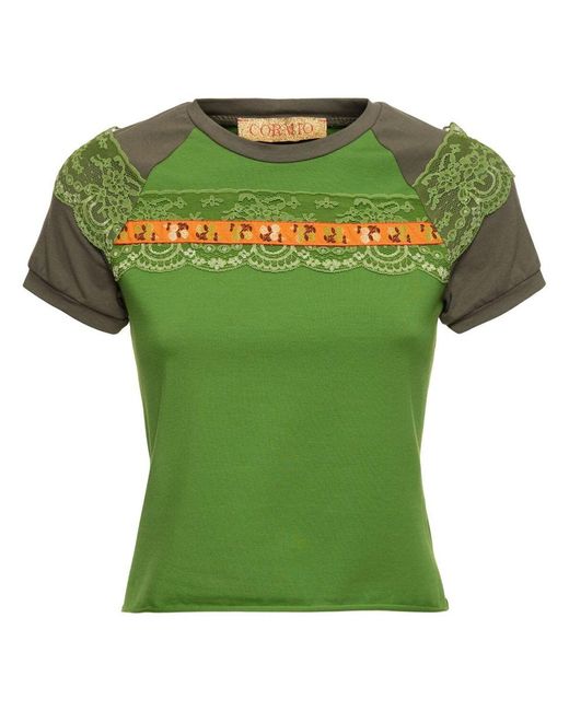 Cormio Green Cotton Jersey Raglan T-Shirt With Lace