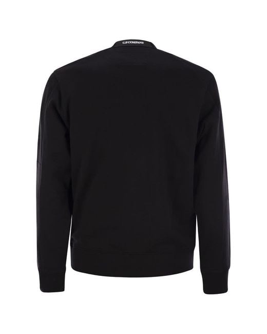 C P Company Black Diagonal Raised Fleece Crew Neck Lens Sweatshirt for men