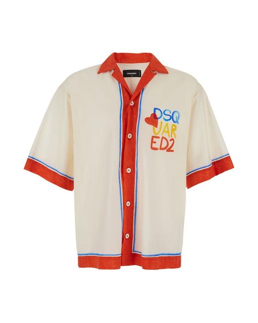 DSquared² Red Shirt With Cuban Collar And Printed Logo On The Front for men