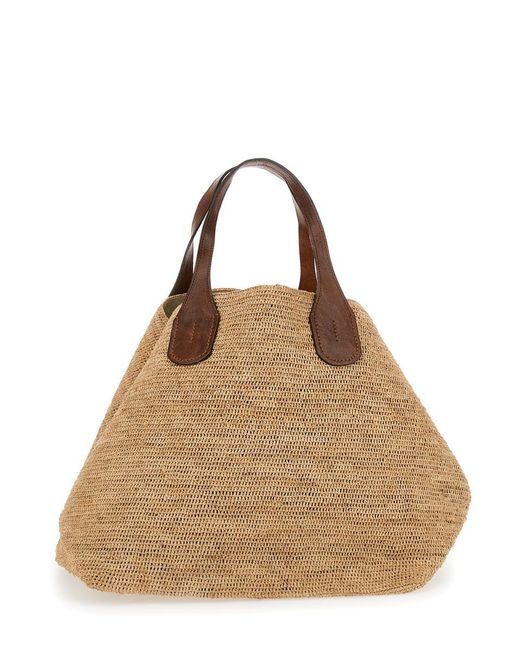 IBELIV Natural 'Rio Tea' Handbag With Double Top Handle And Woven Design