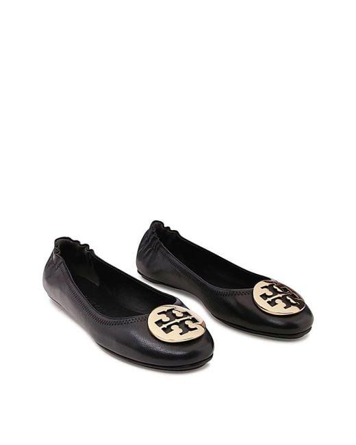Tory Burch Black Leather Minnie Travel Ballerina Shoes