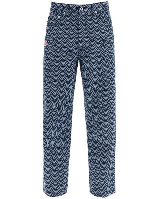 KENZO Blue Monkey Workwear Jeans With Seigaiha Print for men