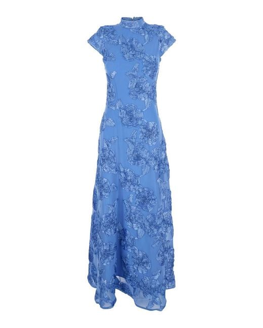 ROTATE BIRGER CHRISTENSEN Blue Long Dress With High Neck And All-Over Floral Motif