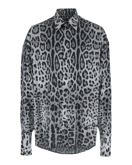 Dolce & Gabbana Gray Shirt With Leopard Print All-Over And Logo Lettering for men
