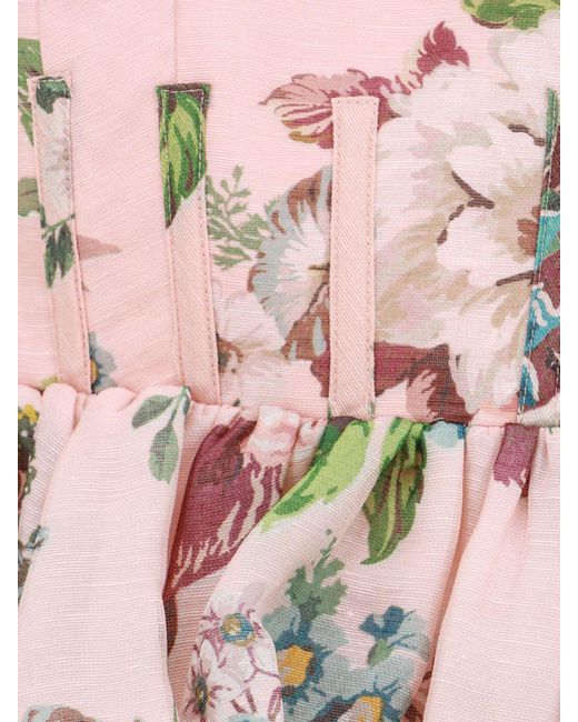 Zimmermann Pink Floral Print Linen And Silk Blend Draped Mini Dress