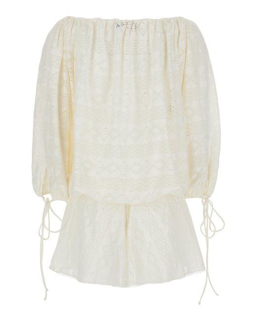ANDAMANE White 'Wilma' Jumpsuit With Long Balloon Sleeves And All-Over Embroidery