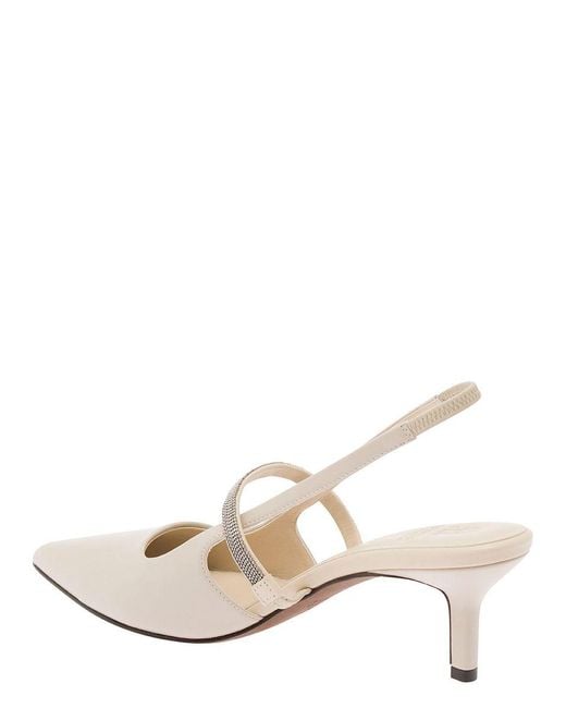 Brunello Cucinelli Natural Ivory Slingback Pumps With Monile Strap