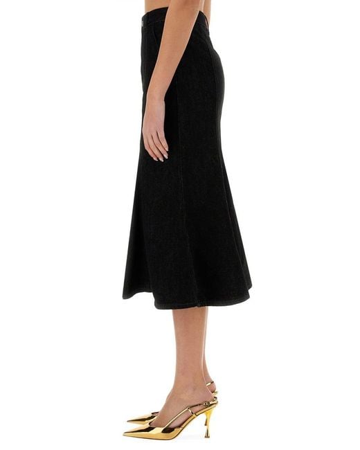 Self-Portrait Black Denim Flared Midi Skirt