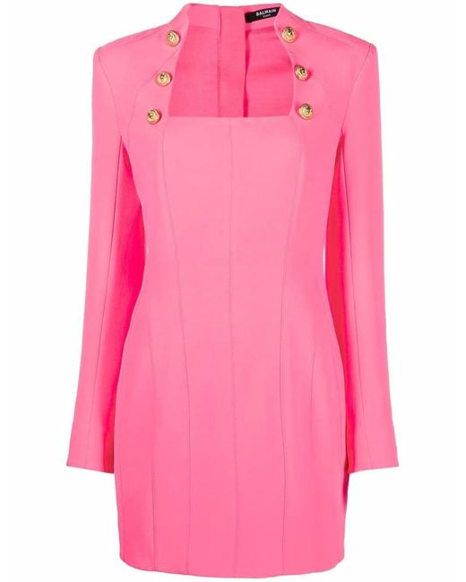 Balmain Pink Square-neck Long-sleeve Dress