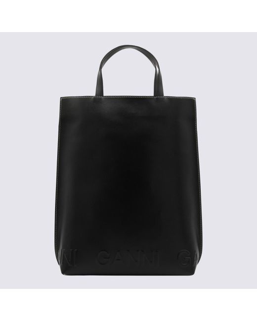 Ganni Black Leather Banner Tote Bag