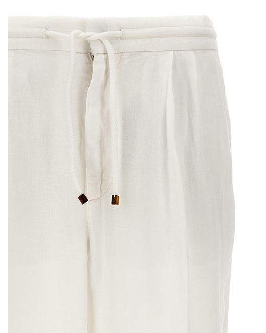 Brunello Cucinelli White Linen Pin Tuck Trousers for men