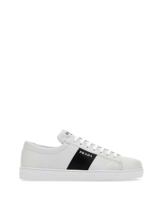 Prada White Brushed Leather And Leather Sneakers for men