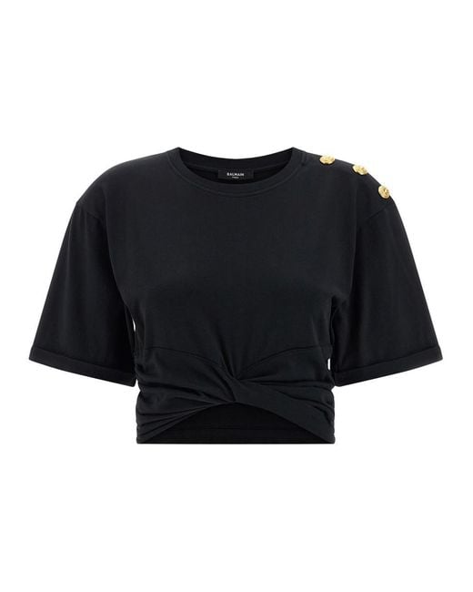 Balmain Black Knotted Crop T-Shirt