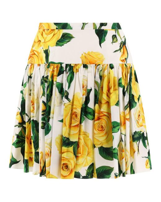 Dolce & Gabbana Yellow Short Cotton Skirt With Rose Print