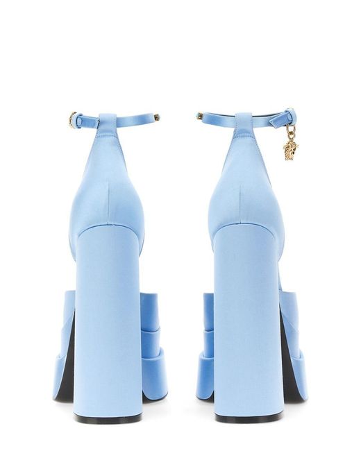 Versace Blue Medusa Aevitas Embellished Satin Platform Sandals