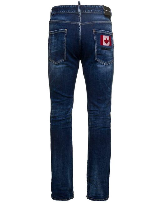 DSquared² Blue Straight Jeans With Logo Patch And Faded Effect for men