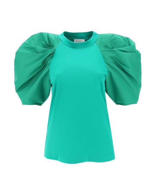 Alexander McQueen Green T-shirt With Ruched Balloon Sleeves In Poly Faille