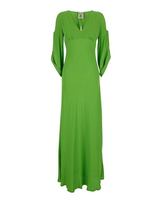 Semicouture Green Long Dress With V Neckline
