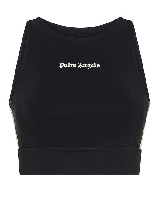 Palm Angels Black Cropped Top With Embroidered Logo And Side Stripes