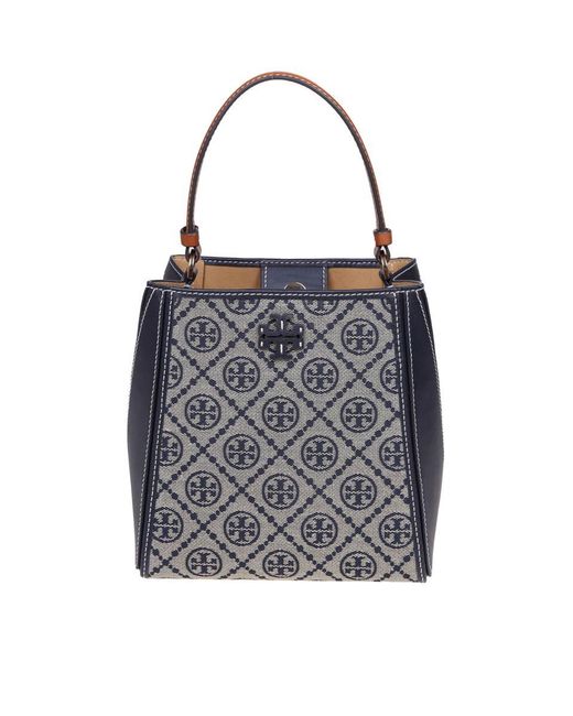 トートバッグ Tory Burch Monogram Bucket In Printed Cotton Monogram Blue T Monogram Bucket Bag: Women's Designer Crossbody Bags