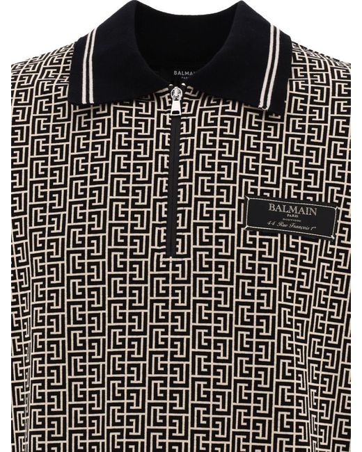 Balmain Black Monogram Zip Polo Shirt for men
