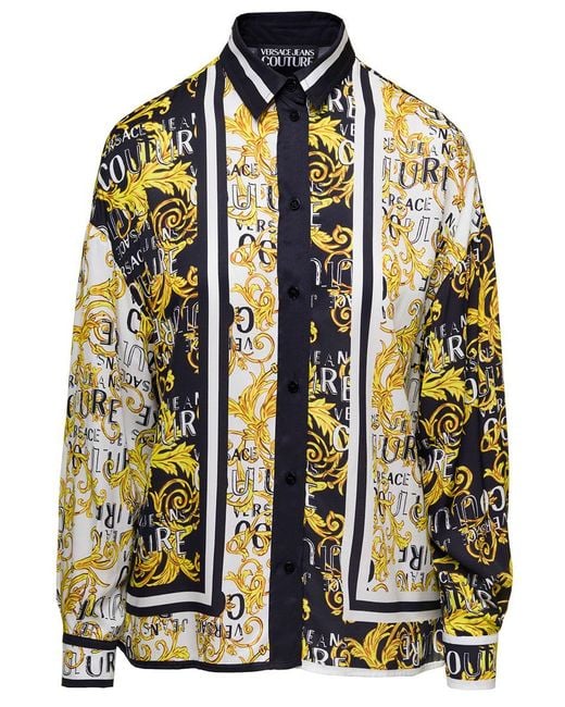 Versace Yellow Multicolor Shirt With All-over Couture Logo And Stripe Print In Cotton Woman for men