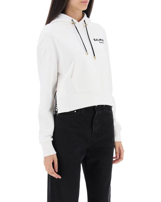 Balmain White Cropped Sweatshirt With Flocked Logo Print