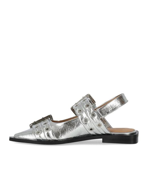 Ganni White Silver Slingback Ballet Flat Shoe With Buckles