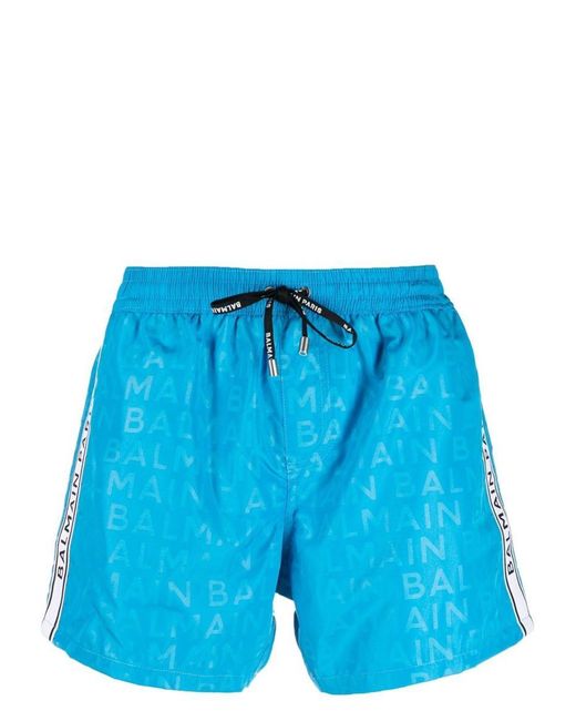 Balmain Blue Logo-print Drawstring Swim Shorts for men
