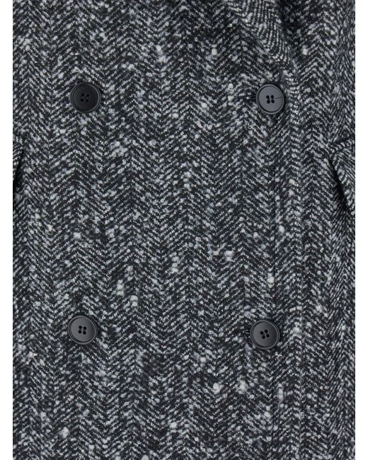 Plain Gray Grey Double-breasted Coat With Wide Notched Revers In Wool Woman