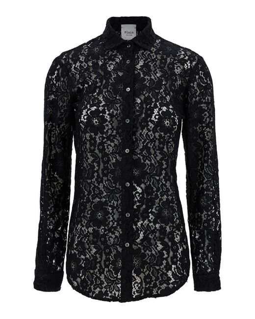 Plain Black Shirt With Classic Collar And Buttons In Lace Woman